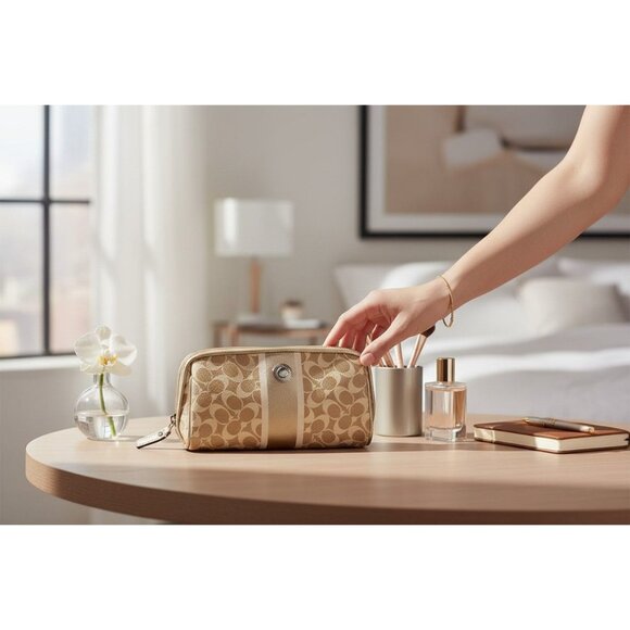 Coach Chelsea Heritage Beige Cosmetic Bag 6.5"-7" Wide 4" Tall Leather Monogram - Picture 12 of 12